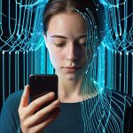 A person looking at a smartphone, their face dimly lit by the screen, while abstract, glowing data streams and lines flow outwards from them, converging into a complex, slightly unsettling network or a glowing AI core in the background. The scene evokes a feeling of quiet unease and privacy invasion, with a subtle hint of a digital profile being constantly built from user interactions. Subtle cyber security lock icons or shields could be integrated into the data streams, emphasizing vulnerability and the need for protection.