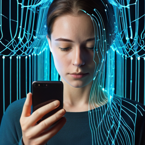 A person looking at a smartphone, their face dimly lit by the screen, while abstract, glowing data streams and lines flow outwards from them, converging into a complex, slightly unsettling network or a glowing AI core in the background. The scene evokes a feeling of quiet unease and privacy invasion, with a subtle hint of a digital profile being constantly built from user interactions. Subtle cyber security lock icons or shields could be integrated into the data streams, emphasizing vulnerability and the need for protection.
