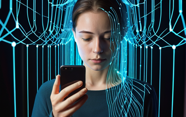 A person looking at a smartphone, their face dimly lit by the screen, while abstract, glowing data streams and lines flow outwards from them, converging into a complex, slightly unsettling network or a glowing AI core in the background. The scene evokes a feeling of quiet unease and privacy invasion, with a subtle hint of a digital profile being constantly built from user interactions. Subtle cyber security lock icons or shields could be integrated into the data streams, emphasizing vulnerability and the need for protection.